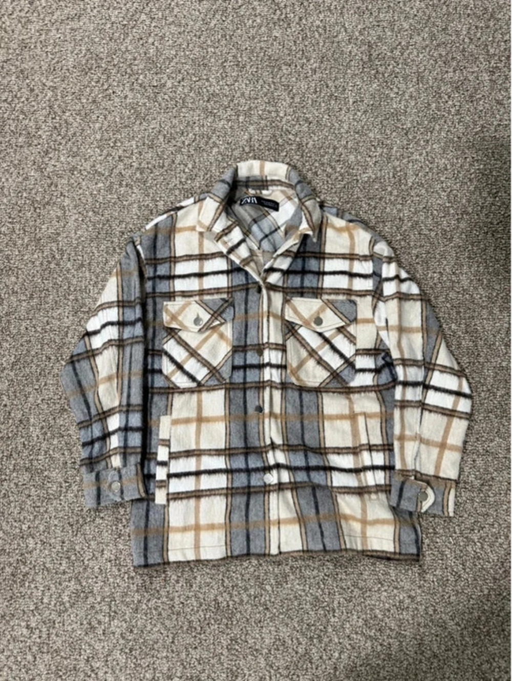 Zara Plaid Shacket Overshirt Jacket XS Beige Gray